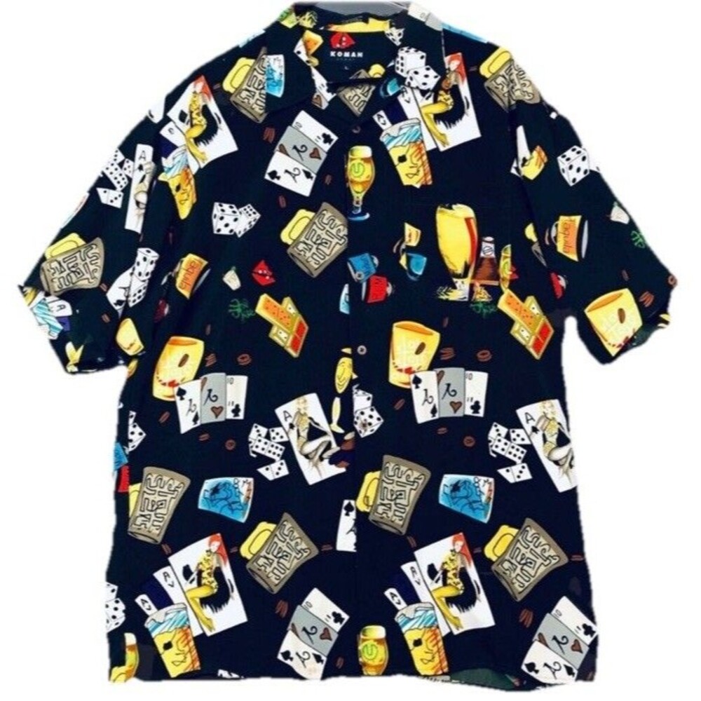 Koman Men’s Sz XL Hawaiian Shirt Summer Party Dice Casino Cocktails Beer Gambler
